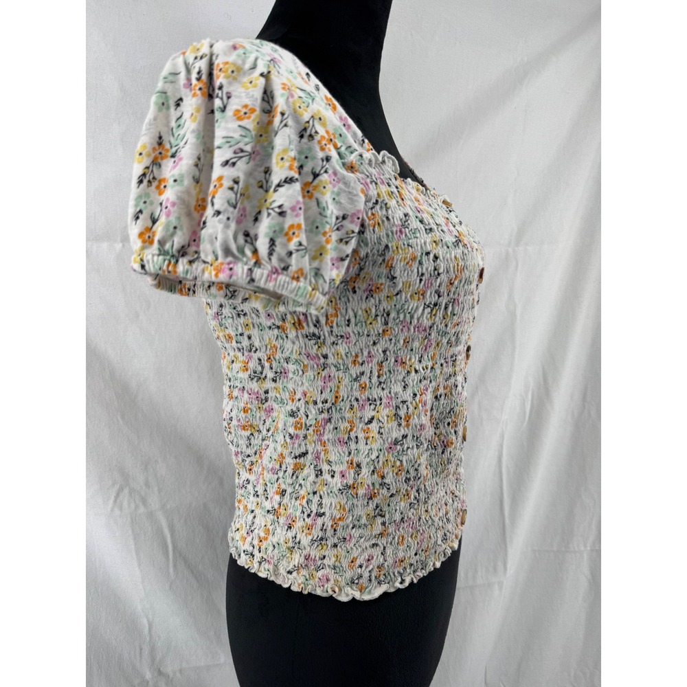 Mudd Womens XL White Floral Smocked Top Short Sleeve Faux Button Square Neck - Picture 3 of 7